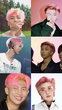 four different images of young men with pink hair