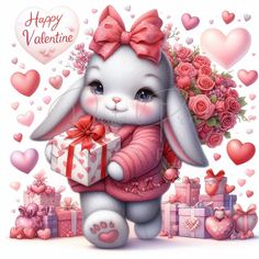 a cute little bunny holding a gift box with roses and hearts around it on a white background