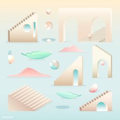 an abstract set of different shapes and sizes on a light blue background with white steps