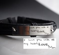 Custom Engraved Bracelet, Men Personalized Bracelet, Handwriting bracelet Signature Bracelet, Men Gifts Leather bracelet, mens Custom Gifts Stainless steel metal parts with real leather band combined together Actual Handwritten Mens leather bracelets. Memory for mom, dad, grandma, grandpa etc. This is the new object I'd like to do now, the handwritten necklace and handwritting bracelets. I accept any orders with your hand scripts and convert into the handwritten jewelry, like handwritten bracele Mens Personalized Bracelet, Handwritten Jewelry, Handwritten Necklace, Custom Engraved Bracelet, Coordinates Gift, Handwriting Bracelet, Customised Bracelets, Coordinates Bracelet, Signature Bracelet