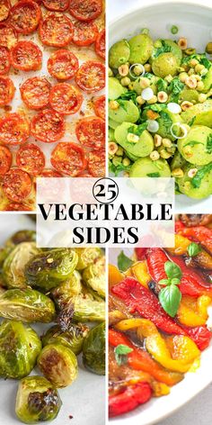 five different vegetables with the words vegetable sides on them in black and white text overlays