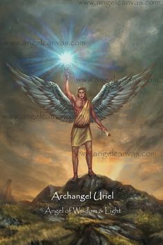 an angel standing on top of a hill with his arms outstretched in the air and holding a