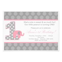 a pink and gray elephant 1st birthday party card