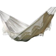 a white and beige hammock with fringes on the bottom, sitting in front of a white background