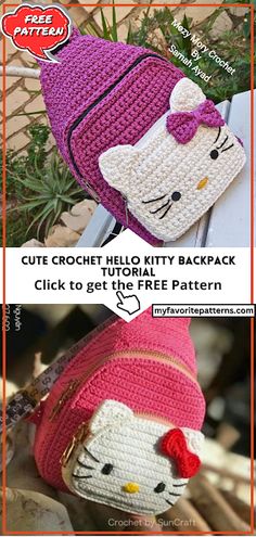 crochet hello kitty backpack is shown in two different pictures