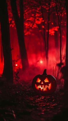 a scary pumpkin lit up in the dark forest with red light coming from behind it