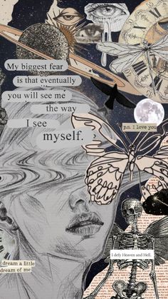 a collage of images with words written in different languages, including an image of a skeleton and a butterfly