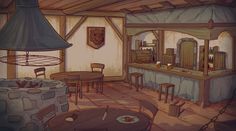 a drawing of a kitchen and dining room in an old time style house or tavern