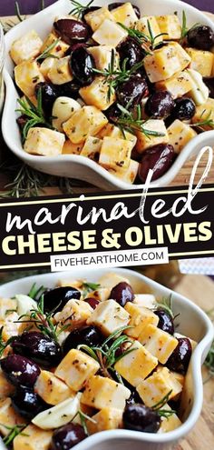 two bowls filled with marinated cheese and olives