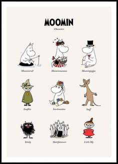 the moomin characters are depicted in this cartoon character poster, which depicts them from different