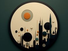 an abstract clock with circles and shapes on it's face, showing the cityscape