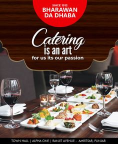 an advertisement for a restaurant called catering is an art, with wine glasses and plates on the table