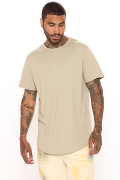 Available In Black, White, Heather Grey, And Tan. Crew Neck Short Sleeve Scallop Hem 100% Cotton Imported | Mens Essential Basic Scallop Tee Shirt in Tan size XL by Fashion Nova Worship Team, White Heather, Scallop Hem, Mens Essentials, Scalloped Hem, Mens Tees, White Undershirt, Worship, Fashion Nova