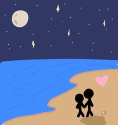 an image of two people holding hands on the beach at night with moon and stars