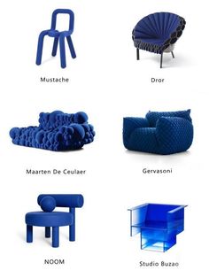 the different types of chairs and tables are shown in this image, including one that is blue