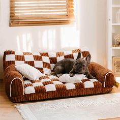 a dog laying on top of a brown and white couch