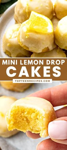 mini lemon drop cakes on a plate with one bite taken out and the other half eaten