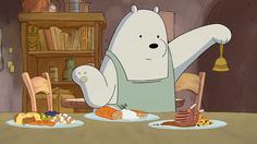 a cartoon character sitting at a table with plates of food