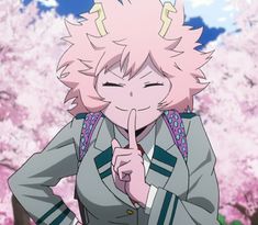 an anime character with pink hair pointing to the side