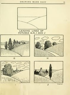 an old book with pictures of trees and hills