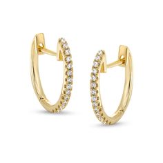 Add these diamond huggie hoops to your ear stack and dazzle all day long. 10K gold. Each huggie-hoop earring features prong-set diamonds aligned along the outside front edge. 1/10 ct. t.w. of diamonds. Hinged backs. Diamond Accented Huggie Earrings, Huggie Earrings With Diamond Accents, Classic Huggie Earrings With Diamond Accents, Yellow Gold Diamond Accents Huggie Earrings, Everyday Yellow Gold Diamond Huggie Earrings, Everyday Huggie Earrings With Brilliant Cut, Fine Jewelry Huggie Earrings With Prong Setting, Yellow Gold Huggie Earrings With Prong Setting, Small Hoop Huggie Earrings With Single Cut Diamonds