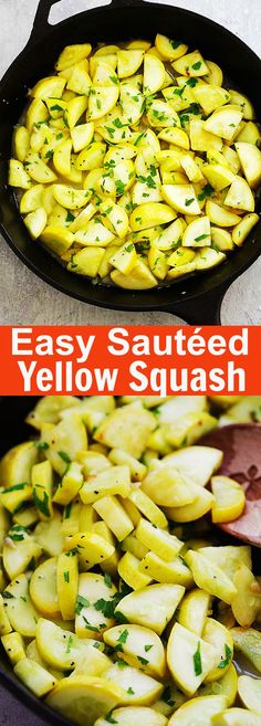 an easy sauteed yellow squash recipe in a cast iron skillet and then topped with parsley