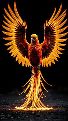 a red and yellow bird with its wings spread out in front of a black background