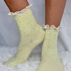 CONFETTI lace topped ankle socks - yellow | cute summer socks Summer Lace Socks With Lace Trim, Fitted Lace Trim Socks For Summer, Summer Lace Trim Fitted Socks, Fitted Beige Socks For Spring, Beige Stretch Socks For Spring, Comfortable Cream Socks, Spring Stretch Beige Socks, Trendy Soft Socks For Spring, Comfortable Stretch Yellow Socks