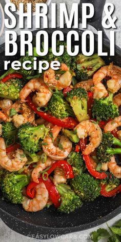 shrimp and broccoli stir fry in a skillet with the title overlay