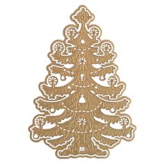 a gold christmas tree with ornate ornaments on the top and bottom, as well as an ornament