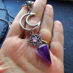 Womens Woman Females Jewelry Silver Necklace Accessory Great Gift Idea Present Crescent Moon Pendulum Purple Amethyst Crystal Natural Gem Stone Pentagram Pentacle 5 Point Star Witch Witchs Coven Witch Craft Witchcraft Folk Magic Salem Massachusetts Tarot Card Fortune Teller Historical Piece Meaningful Important Symbol Sigil Sign Spell Wizard Warlock Gothic Goth Emo Egirl E Girl Boho Magical Whimsical Fairy Siren Voo Doo Rituals Gypsy Halloween Spooky Wiccan Pagan Paganism Vampire Demon Demonolog Luna Witch, Star Witch, Pentacle Jewelry, Amethyst Pendulum, Boho Witch, Pagan Necklace, Wiccan Necklace, Witch Necklace, Pentagram Pendant