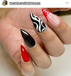 White And Red Nails Ideas, Black White And Red Nails, White And Red Nails, Abstract Nail Designs, Red Nails Ideas, Almond Shaped Nails Designs, Elite Nails, February Nails