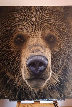 a bear's face is shown on an easel