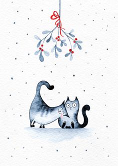 a watercolor painting of two cats under a mistlet hanging from a christmas tree