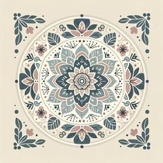 a circular design with leaves and flowers in the center, on a beige background is an ornate