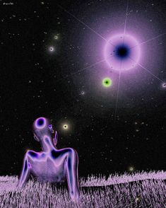 an image of a man sitting in the grass and looking up at a black hole