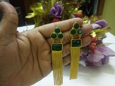 Indian CZ Earrings Matt Finish Long Earrings Set With Different Color Accents Party Wear Earrings Gold Plated Ethnic Wedding Bridal Jewelry Festive Meenakari Dangle Bridal Earrings, Dual-tone Bollywood Bridal Earrings For Gifts, Festive Metal Meenakari Earrings, Party Gold-plated Meenakari Earrings, Green Meenakari Dangle Earrings, Earrings Party Wear, Earring Indian, Ethnic Wedding, Color Accents