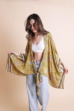 Floral Front Tie Kimono Wrap Mustard Rush Dresses, Kimono Wrap, Western Boho, Dressy Tops, Womens Casual Outfits, Ready To Go, Boho Outfits, Long Tops, Short Tops