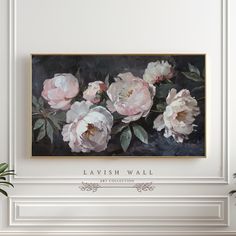 a painting of pink flowers on a white wall