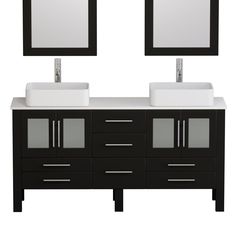 two sinks with mirrors above them on a white surface and black cabinets underneath the mirror