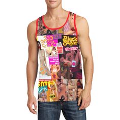 a man wearing a tank top with magazines all over it's back and sides