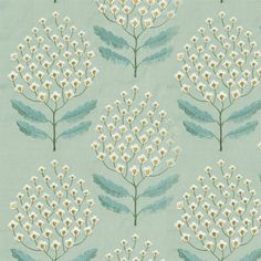 a blue and white wallpaper with small flowers on the top of it, in front of a light green background