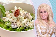 a woman in a gold dress next to a large bowl of salad with pecans