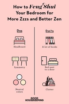 a pink poster with the words how to iron shii your bedroom for more zzzs and better zen