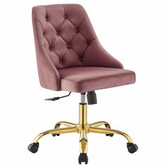 a pink office chair with gold wheels on an isolated white background