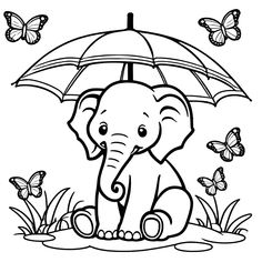 an elephant sitting under an umbrella with butterflies around it