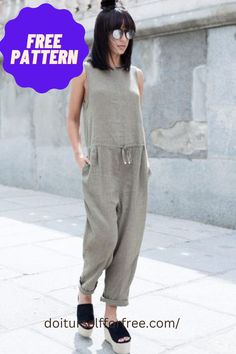 Linen Jumpsuit – Free Sewing Pattern Unisex Sewing Patterns Free, Linen Jumpsuit Pattern Free, Free Jumper Patterns For Women, Linen Jumpsuit Pattern, Jumpsuit Pattern Sewing Free, Women Romper Pattern, Jumpsuit Pattern Free, Wide Leg Jumpsuit Pattern