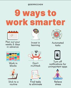 the 9 ways to work smarter poster is shown in red and blue, with an image of