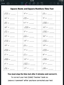 the square roots and square numbers times test is shown in this screenshote screen