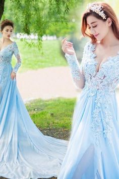 Exclusive Blue Wedding Dresses | Luulla Blue Ball Gown For Bridesmaid During Prom Season, Blue Fitted Bridesmaid Wedding Dress, Blue Fitted Wedding Dress For Bridesmaid, Blue Long Sleeve Ball Gown For Banquet, Blue Evening Dress With Sweep Train For Prom, Fitted Blue Wedding Dress For Debutante Ball, Blue Bridesmaid Dress With Fitted Bodice For Wedding, Elegant Blue Ball Gown With Lace Bodice, Light Blue Ball Gown Evening Dress For Wedding